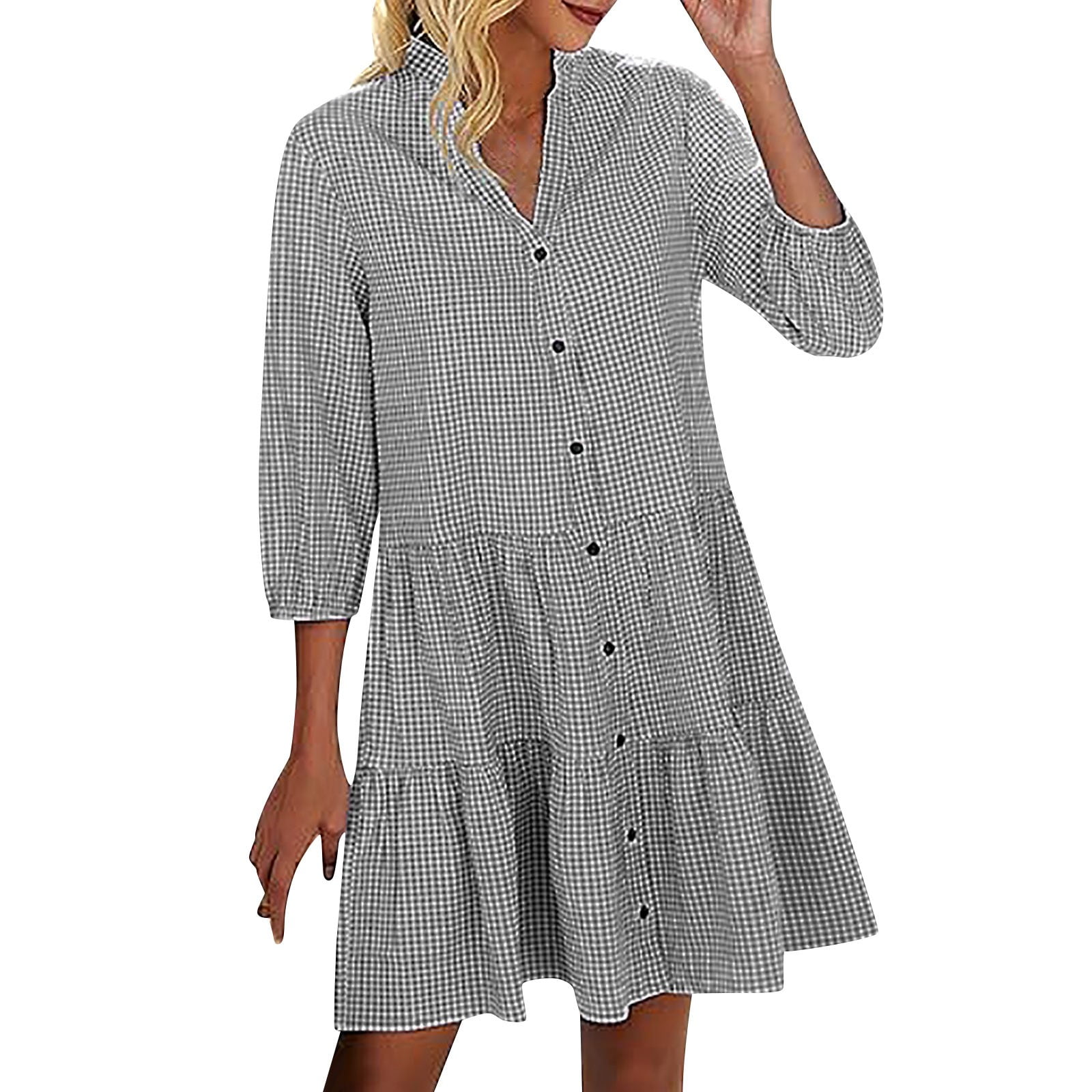 Angashion Women's Striped Shirt Dress | V-Neck, 3/4 Sleeve, Belted Midi With Ruffle Hem & Pockets - View #3