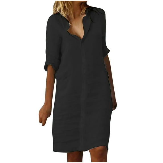 Arnsht Women's Summer Midi Shirt Dresses Button Down Half Sleeve Lapel Casual Loose Comfort Breathable Cotton Linen Dress Black M
