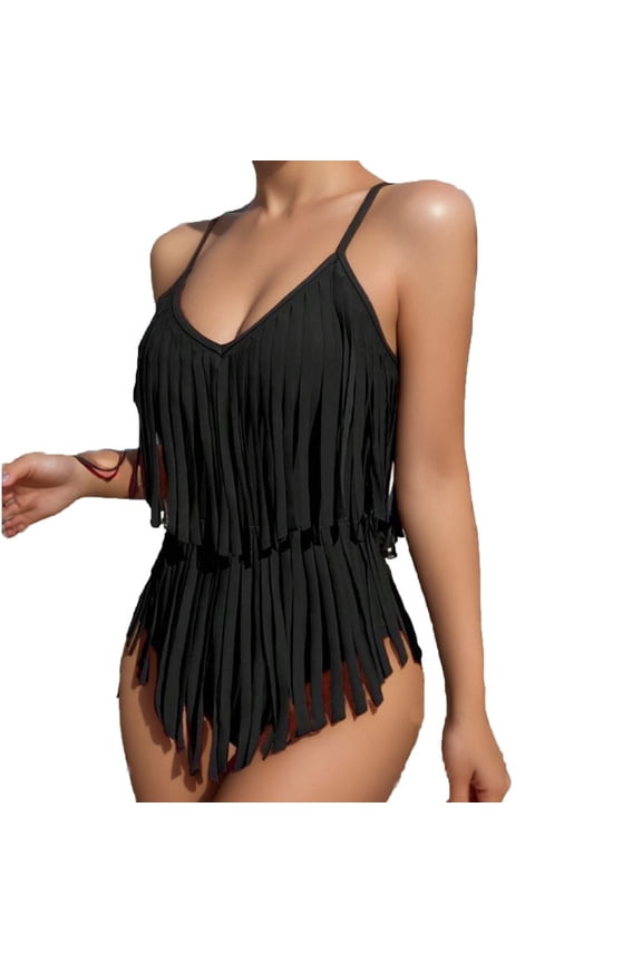 Women's Summer Solid Color Fashion 2 Piece Swimsuit Fringe Hem V Neck High Waist Bikini Set Soft Comfortable Bathing Suits Black XL