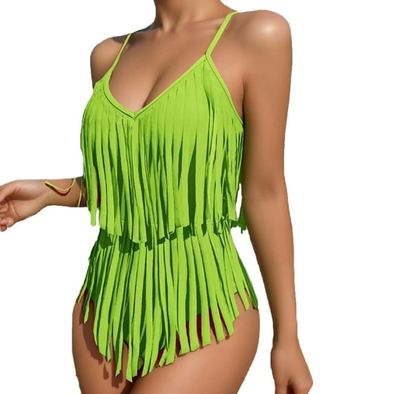 Arnsht Women's Summer Solid Color Fashion 2 Piece Swimsuit Fringe Hem V Neck High Waist Bikini Set Soft Comfortable Bathing Suits Green S