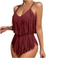 thumbnail image 1 of Arnsht Women's Summer Solid Color Fashion 2 Piece Swimsuit Fringe Hem V Neck High Waist Bikini Set Soft Comfortable Bathing Suits Red XL, 1 of 2