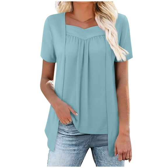 Arnsht Women's Summer Solid Color Shirt Fake Two Piece Short Sleeve Top Loose Breathable Comfortable V Neck Blouse Shirt Blue L