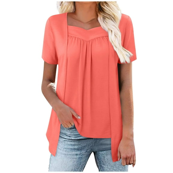 Arnsht Women's Summer Solid Color Shirt Fake Two Piece Short Sleeve Top Loose Breathable Comfortable V Neck Blouse Shirt Orange S