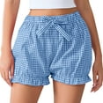 thumbnail image 1 of Arnsht Women's Summer Y2k Gingham Boxer Shorts Loose Fit Low Rise Ruffle Trim Lounge Bloomers Cute Bow Plaid Shorts Blue S, 1 of 5
