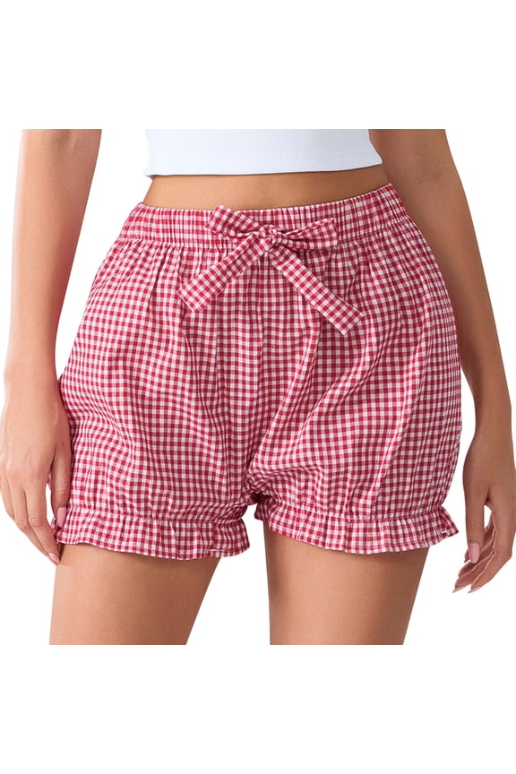Women's Summer Y2k Gingham Boxer Shorts Loose Fit Low Rise Ruffle Trim Lounge Bloomers Cute Bow Plaid Shorts Red M