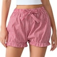 thumbnail image 1 of Arnsht Women's Summer Y2k Gingham Boxer Shorts Loose Fit Low Rise Ruffle Trim Lounge Bloomers Cute Bow Plaid Shorts Red S, 1 of 5