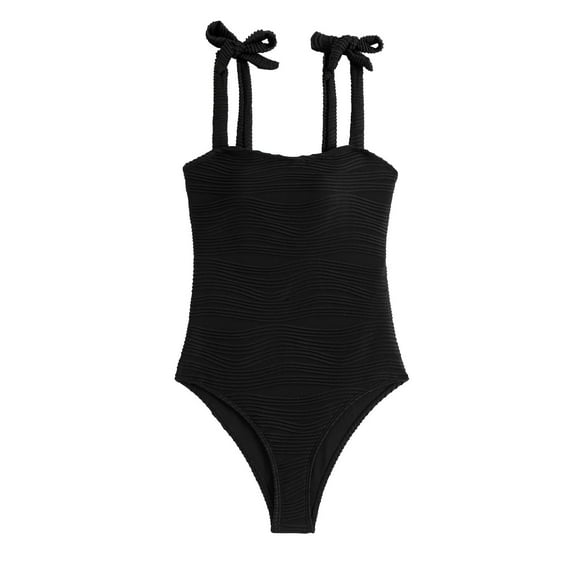 Arnsht Women's Swimsuit Ribbed Bathing Suit for Girls Adjustable Strap Plain Color Summer Beach One Piece Swimsuit Black M