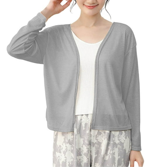 Arnsht Women's Thin Solid Color Long Sleeve Shrugs Lightweight Open Front Cropped Cardigan Tops for Women Gray XL