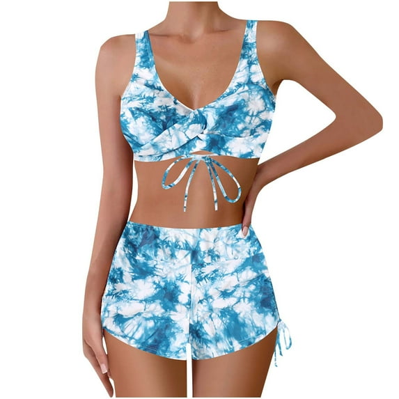 Arnsht Women's Tie Dye Ruched Bikini Sets Plus Size Summer Fashion 2 Piece Bathing Suit High Waist Swimsuit with Shorts Blue XXL