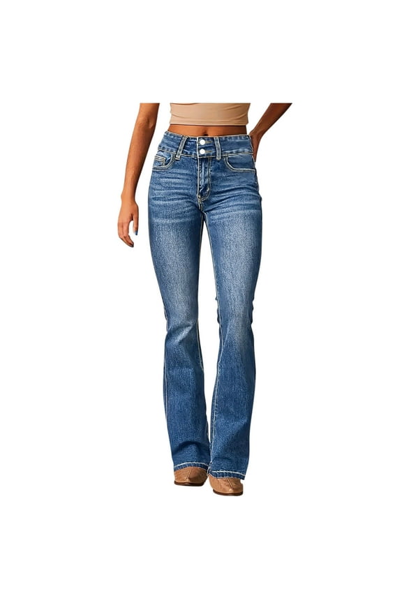 Women's Trendy Stretchy Flare Jeans Mid Rise Bootcut Curvy Denim Pants Solid Color Button Pockets Full Length Pants Blue L