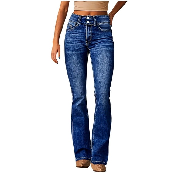 Arnsht Women's Trendy Stretchy Flare Jeans Mid Rise Bootcut Curvy Denim Pants Solid Color Button Pockets Full Length Pants Blue M