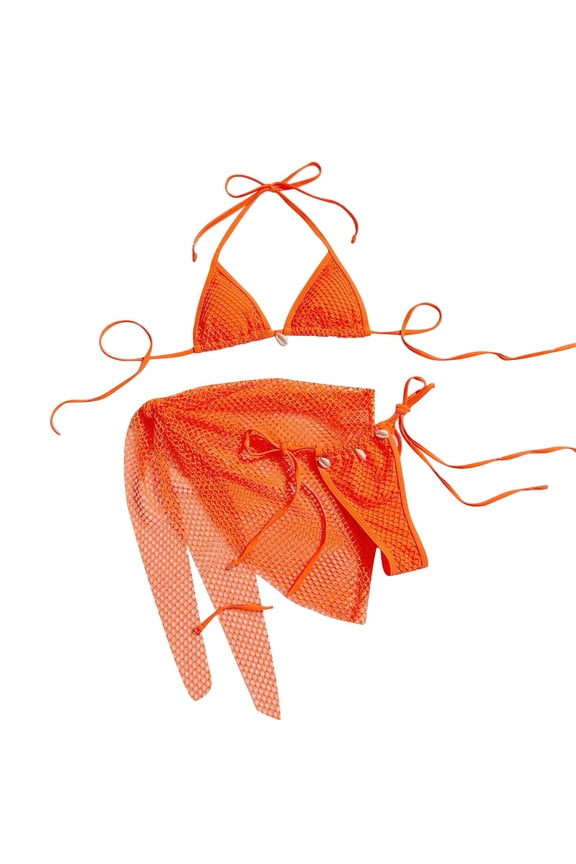 Women's Triangle Bikini Fishnet Tie Side Halter String Bikini Set Three Piece Swimsuit Bathing Suits Orange M