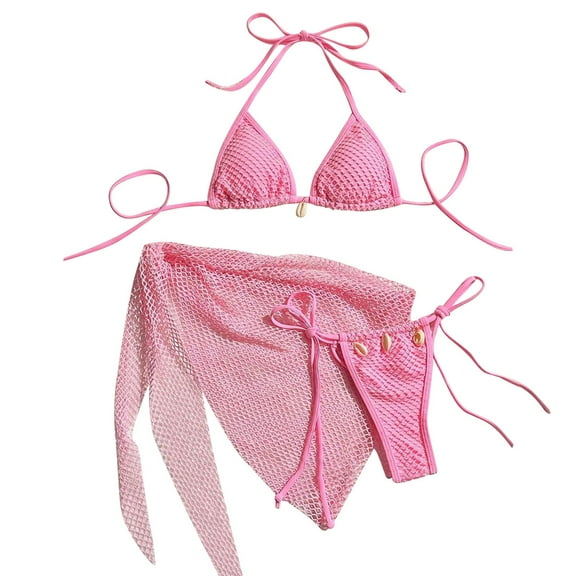 Arnsht Women's Triangle Bikini Fishnet Tie Side Halter String Bikini Set Three Piece Swimsuit Bathing Suits Pink XL