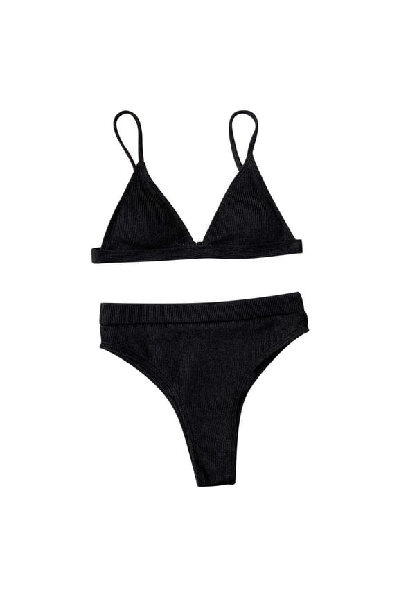 Women's Two Piece Bikini Swimsuit Summer Fashion Soft Comfortable Ribbed Triangle Top Bathing Suits String Cheeky Bikini Sets Black M