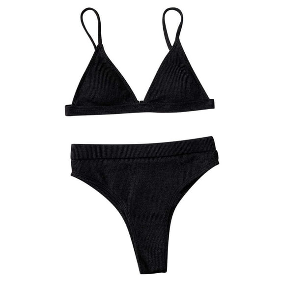 Arnsht Women's Two Piece Bikini Swimsuit Summer Fashion Soft Comfortable Ribbed Triangle Top Bathing Suits String Cheeky Bikini Sets Black S