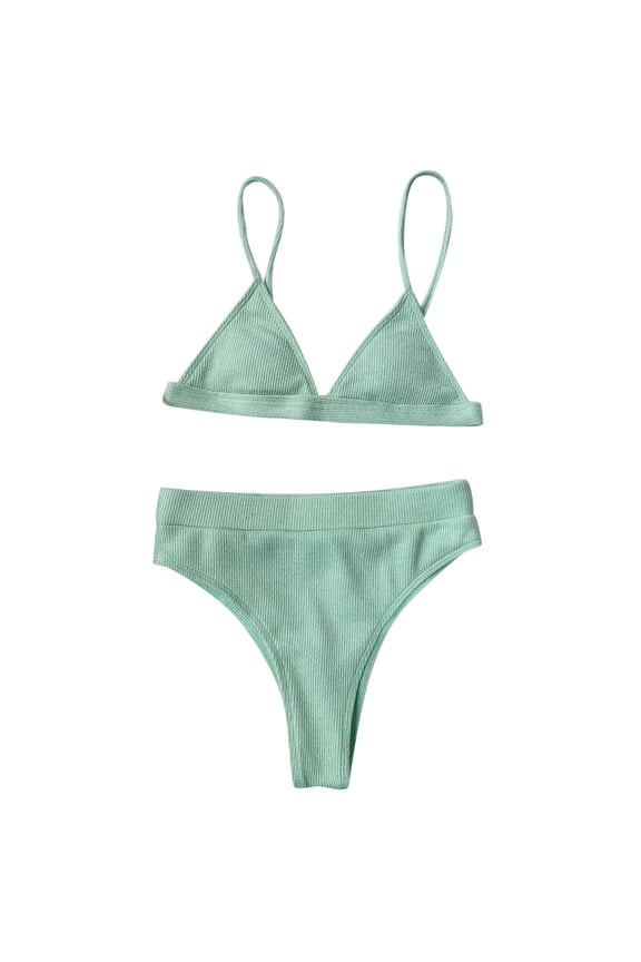 Women's Two Piece Bikini Swimsuit Summer Fashion Soft Comfortable Ribbed Triangle Top Bathing Suits String Cheeky Bikini Sets Green S