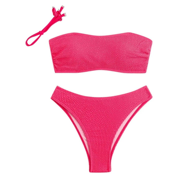 Arnsht Women's Two Piece Swimsuit Ribbed Strapless Tube Bikini Top with Mid Waist Cheeky Soft Comfortable Bathing Suit Hot Pink S