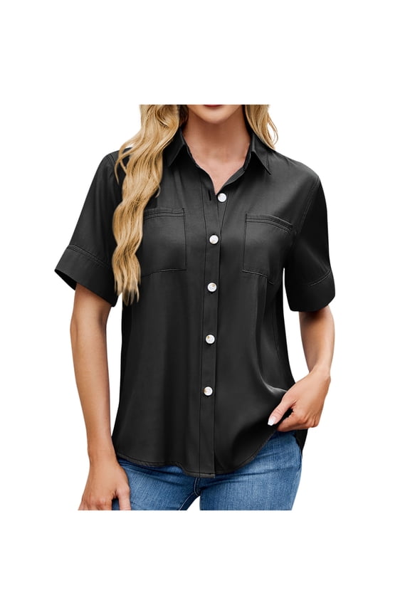 Women's UPF 50+ Sun Protection Button Down Fishing Hiking Travel Shirts Short Sleeve Solid Quick Dry Shirt with Pockets Black S