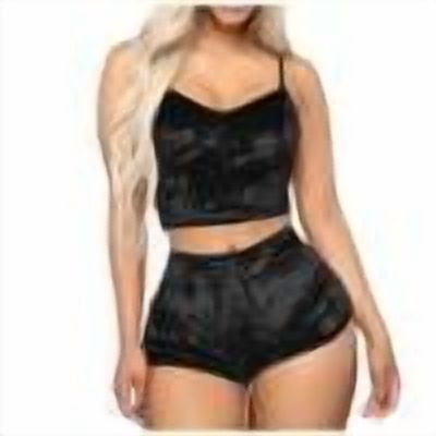 Arnsht Women's Velvet 2 Piece Outfit Spaghetti Strap Crop Top Camisole Shorts Home Clothes Pajamas Set Sleepwear Nightwear Black XL
