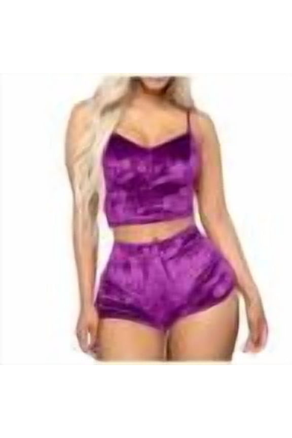 Women's Velvet 2 Piece Outfit Spaghetti Strap Crop Top Camisole Shorts Home Clothes Pajamas Set Sleepwear Nightwear Purple S
