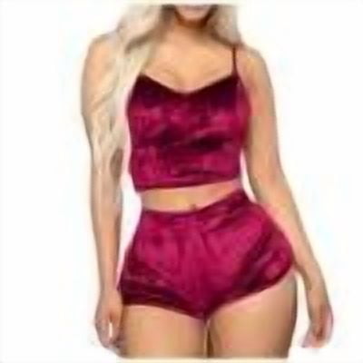 Arnsht Women's Velvet 2 Piece Outfit Spaghetti Strap Crop Top Camisole Shorts Home Clothes Pajamas Set Sleepwear Nightwear Red XL