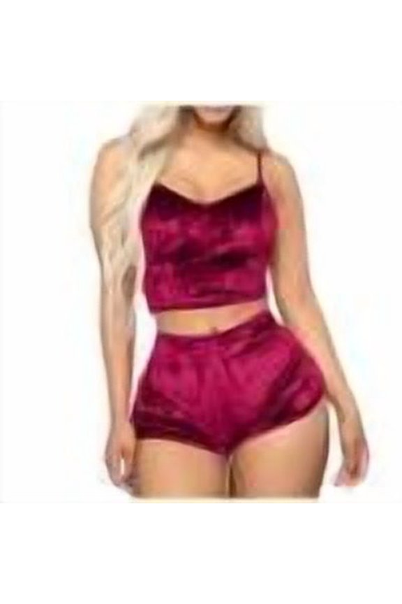 Women's Velvet 2 Piece Outfit Spaghetti Strap Crop Top Camisole Shorts Home Clothes Pajamas Set Sleepwear Nightwear Red XXL