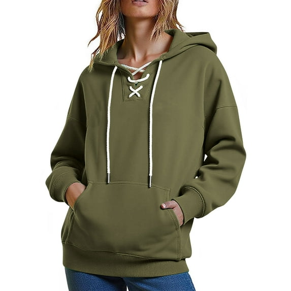 Arnsht Women's Vintage Casual Hooded Sweatshirt Loose Pocket Drawstring Solid Color Long Sleeve Pullover Blouse Top Green L