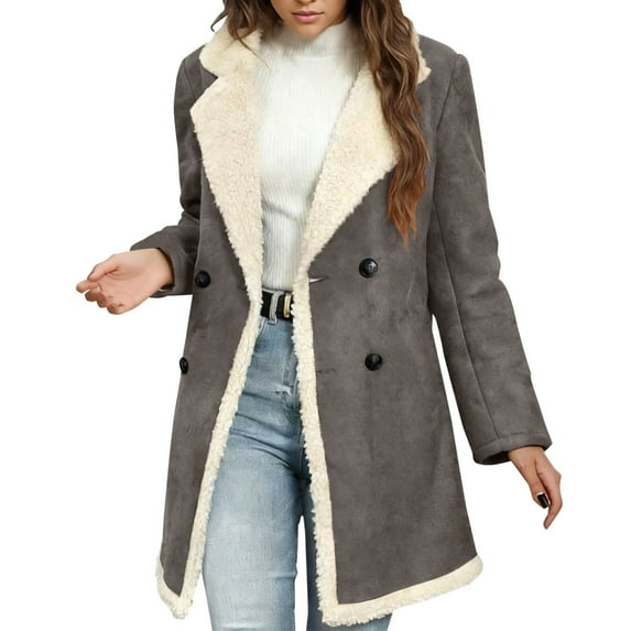 Arnsht Women's Winter Sherpa Lined Faux Suede Leather Jacket Long Sleeves Solid Color Oversized Notch Lapel Mid Long Overcoat Gray M
