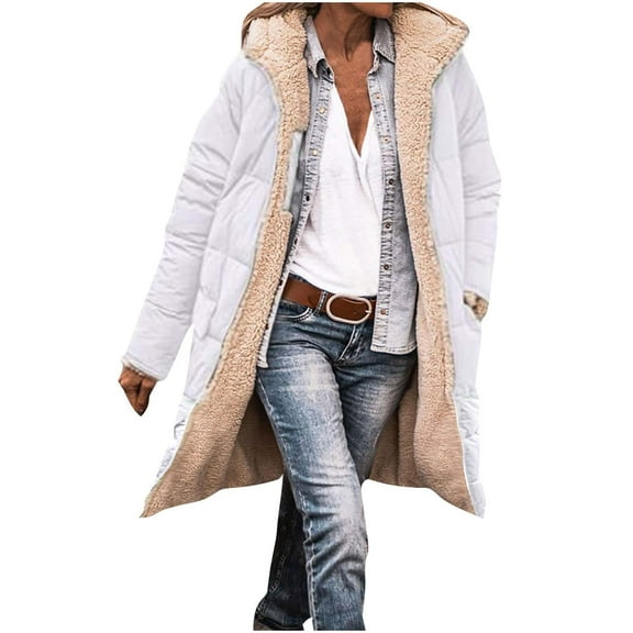 Arnsht Women's Winter Warm Coat Casual Loose Thicken Clothes Oversized Pocket Zippered Reversible Long Cotton Coat Jackets White XXL