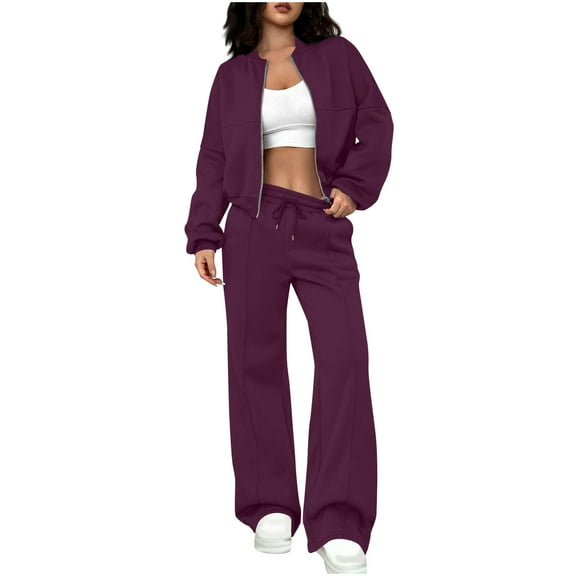 Arnsht Womens 2 Piece Outfits Solid Color Casual Long Sleeve Zippered Cardigan Sweater and Straight Leg Pants Set Purple L