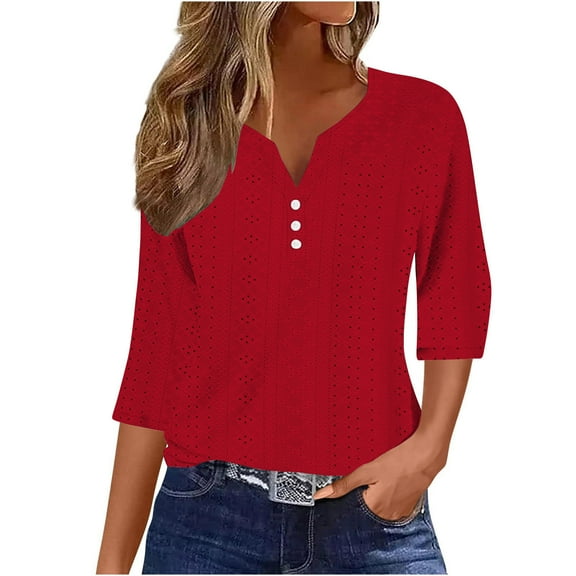 Arnsht Womens 3/4 Sleeve Tops Casual Knit Notched Eyelet V Neck Henley Shirts Button Three Quarter Length Dressy Blouses Red M