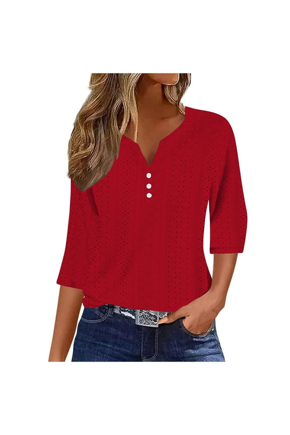 Womens 3/4 Sleeve Tops Casual Knit Notched Eyelet V Neck Henley Shirts Button Three Quarter Length Dressy Blouses Red M