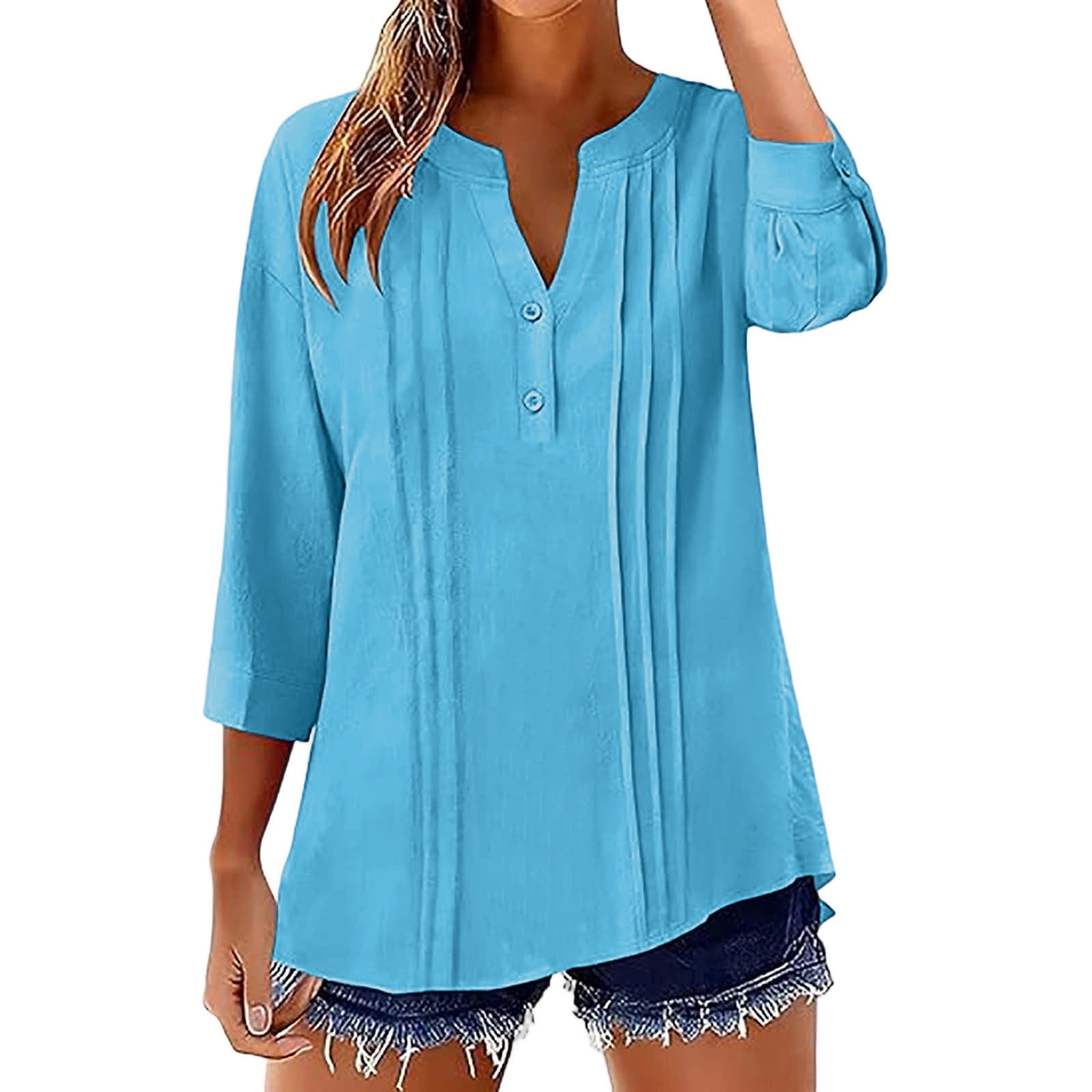 Arnsht Womens 3/4 Sleeve Tops Cotton Linen Button Down Shirts V Neck ...