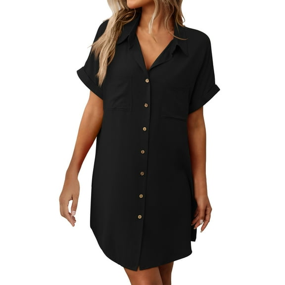 Arnsht Womens Button Down Shirt Dress Plain Summer Cotton Linen Dress V-Neck Mini Dress Casual Short Sleeve Loose Tunic Dresses Black L