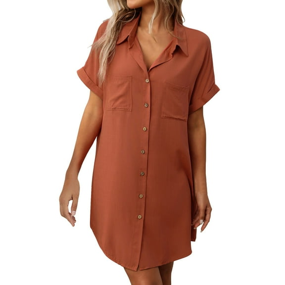 Arnsht Womens Button Down Shirt Dress Plain Summer Cotton Linen Dress V-Neck Mini Dress Casual Short Sleeve Loose Tunic Dresses Red S