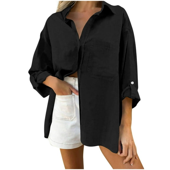 Arnsht Womens Button Down Shirts Cotton Dress Shirts Solid Color Long Sleeve Work Blouses Collared Tops Tunics with Pocket Black XXL