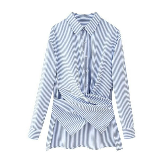 Arnsht Womens Button Down Shirts Cotton Striped Dress Shirt Long Sleeve Collared Office Work Pinstripes Long Blouses Tops Blue M