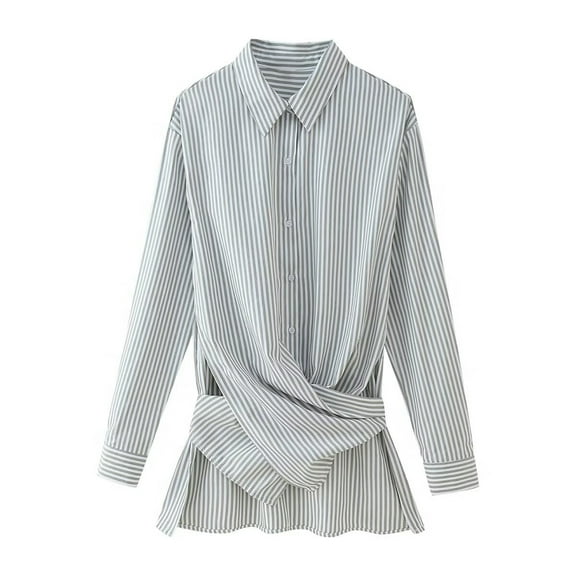 Arnsht Womens Button Down Shirts Cotton Striped Dress Shirt Long Sleeve Collared Office Work Pinstripes Long Blouses Tops Gray M
