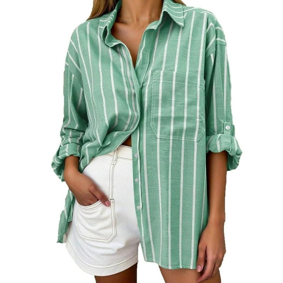 Arnsht Womens Button Down Striped Shirts Drop Shoulder Blouse Long Sleeve Oversized Turndown Collar Shirt with Pocket Green M