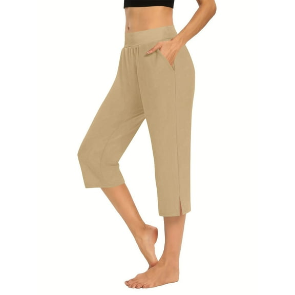 Arnsht Womens Capri Pants 2025 Summer Business Casual Soild Capris Stretch Lightweight Elastic High Waist Lounge Cropped Pants Beige M