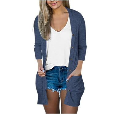 Arnsht Womens Cardigan Sweater Casual Solid Color Long Sleeve Open Front Knit Cardigan Sweater with Button Pockets Blue XXXL