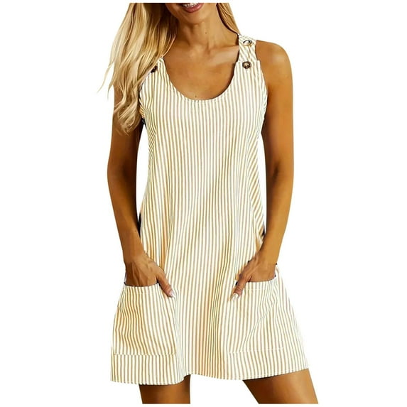 Arnsht Womens Casual Striped Printed Dress Summer Pinafore Overalls Romper Adjustable Straps Jumper Dress with Pockets Beige M