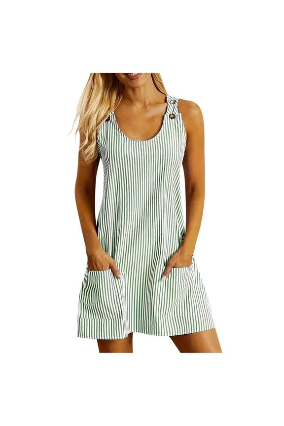 Womens Casual Striped Printed Dress Summer Pinafore Overalls Romper Adjustable Straps Jumper Dress with Pockets Green M