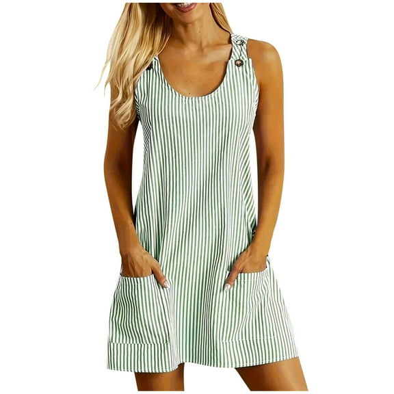 Arnsht Womens Casual Striped Printed Dress Summer Pinafore Overalls Romper Adjustable Straps Jumper Dress with Pockets Green S