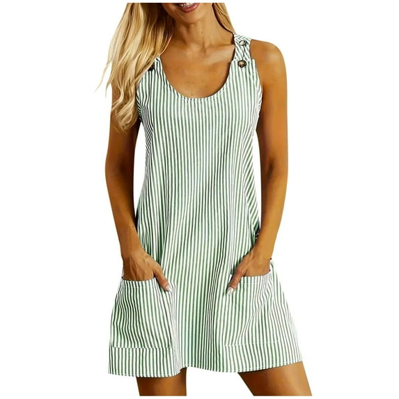Arnsht Womens Casual Striped Printed Dress Summer Pinafore Overalls Romper Adjustable Straps Jumper Dress with Pockets Green XL