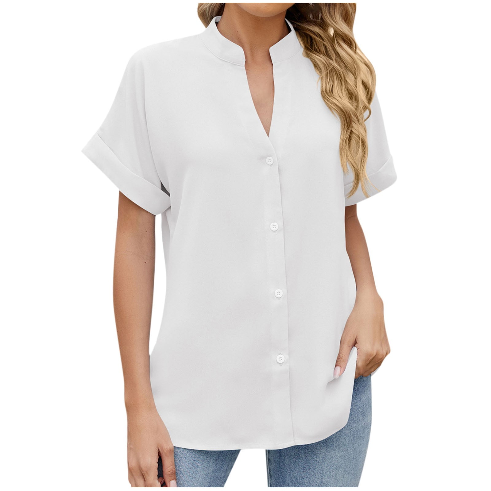 Women's Blouse Cotton Relaxed Fit Button Closure with Rolled-Up Sleeves for Casual Style