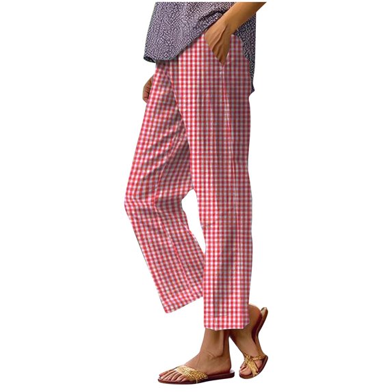 Arnsht Womens Classic Plaid Pants Cotton Plaid Lounge Pants Outdoor Casual Elastic Waist Straight Leg Pants With Pockets Red L