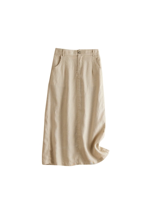 Womens Cotton Linen Skirts Spring Summer Versatile Simple Solid Color Vintage A Line Midi Skirt with Pockets Beige XXL