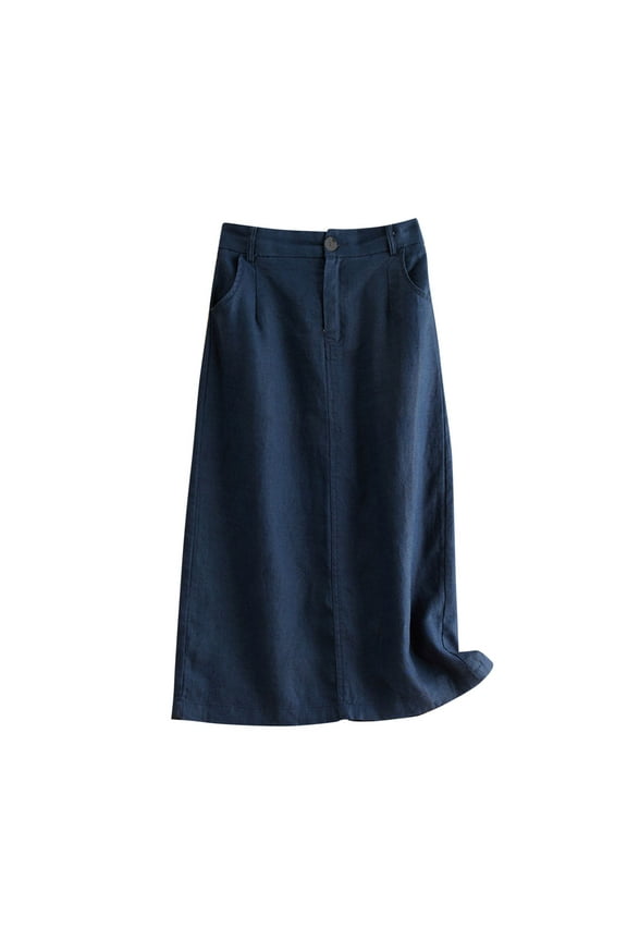 Womens Cotton Linen Skirts Spring Summer Versatile Simple Solid Color Vintage A Line Midi Skirt with Pockets Navy L
