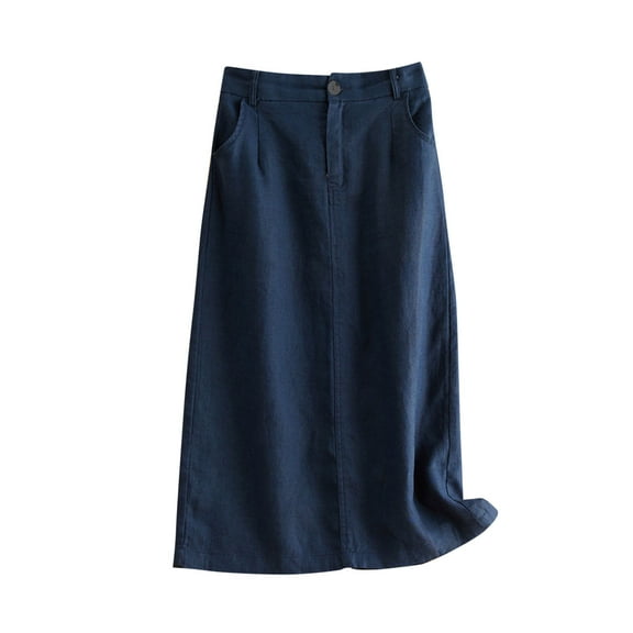 Arnsht Womens Cotton Linen Skirts Spring Summer Versatile Simple Solid Color Vintage A Line Midi Skirt with Pockets Navy M